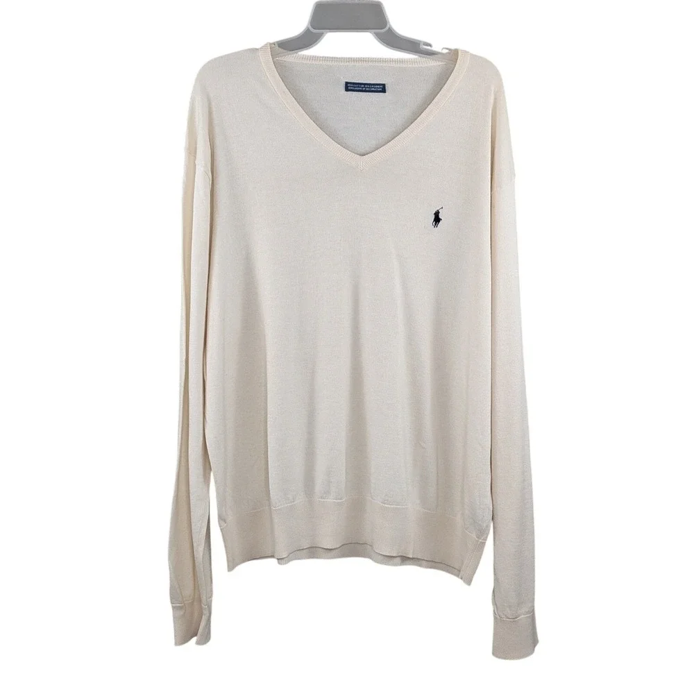 Polo‎ Ralph Lauren V Neck Sweater Mens XL Cream Cotton Cashmere Soft Lightweight